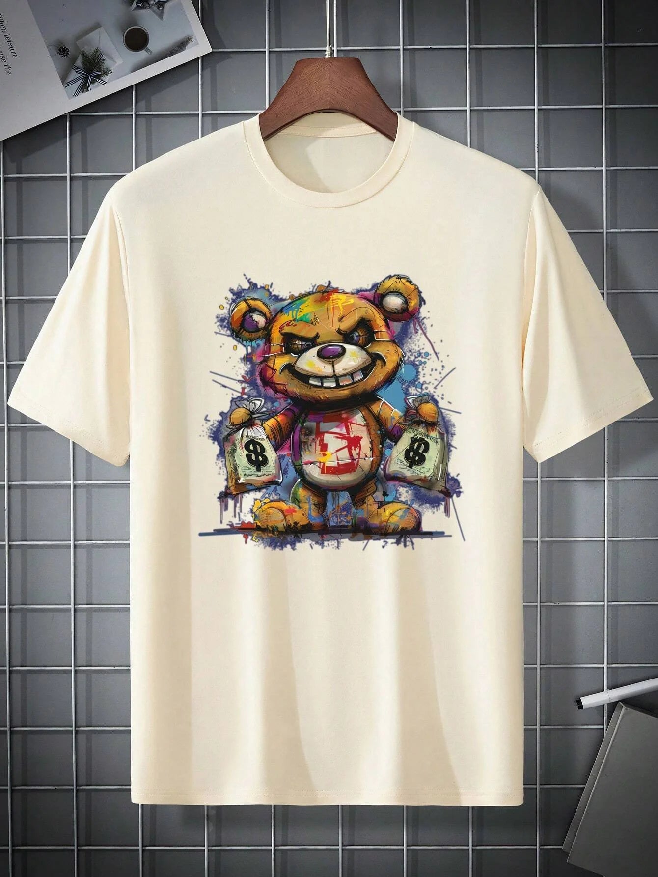 Men's cotton summer graphic print bear t-shirt featuring a colorful bear design and playful style