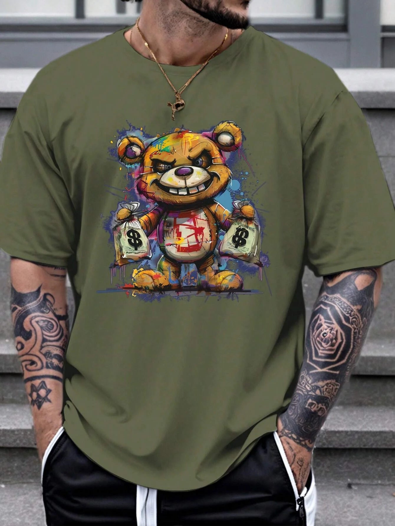 Men's cotton summer graphic print bear t-shirt in olive green featuring colorful bear design