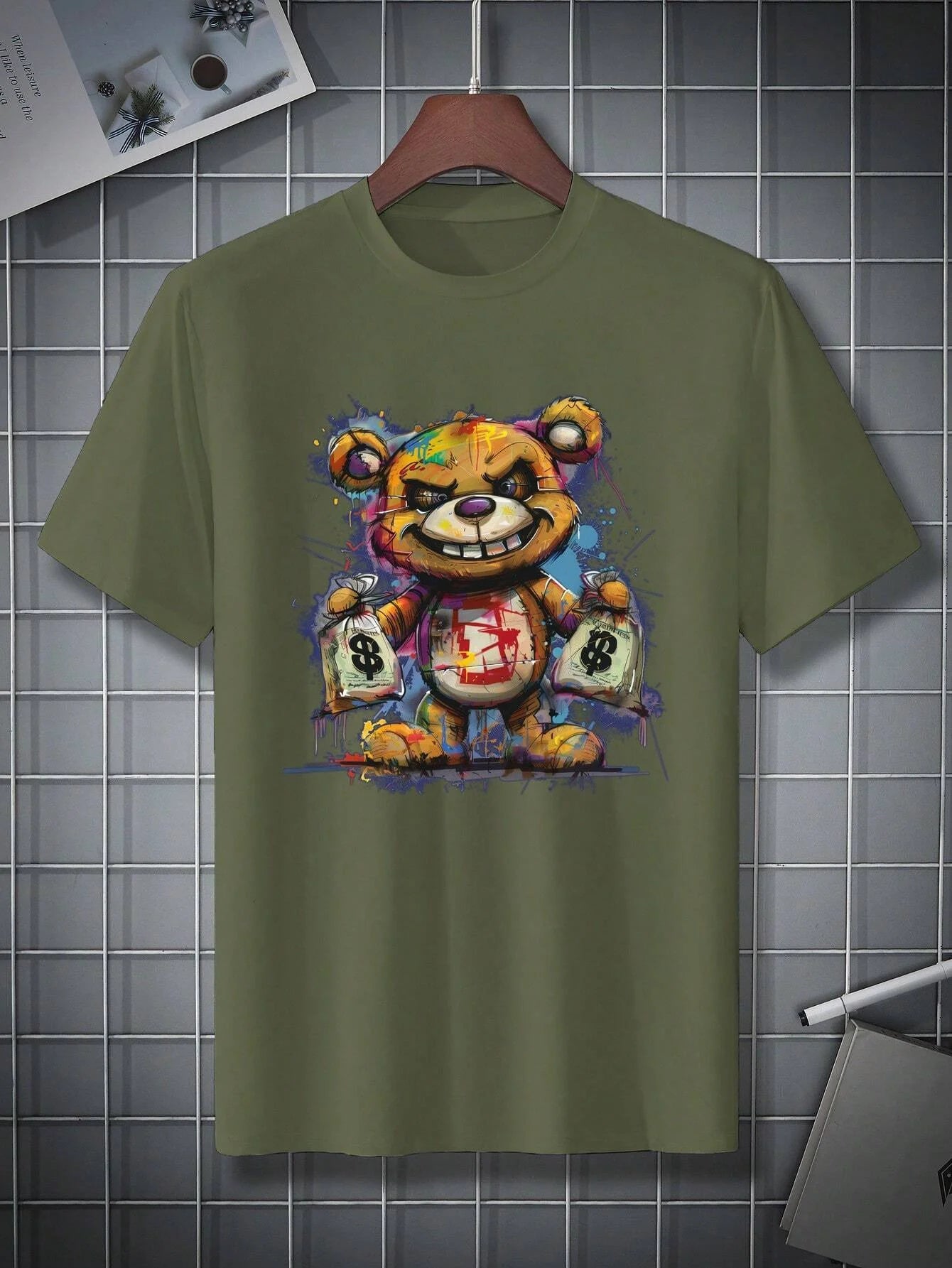 VaultHaus men's cotton summer graphic print bear t-shirt in green with colorful bear design