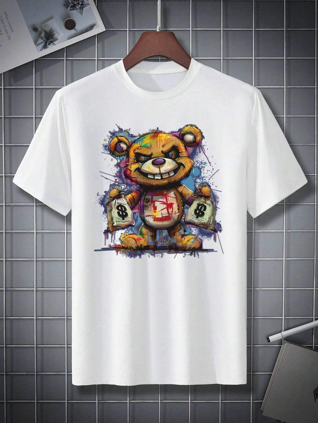 Men's cotton summer graphic print bear t-shirt featuring a colorful bear design with money bags