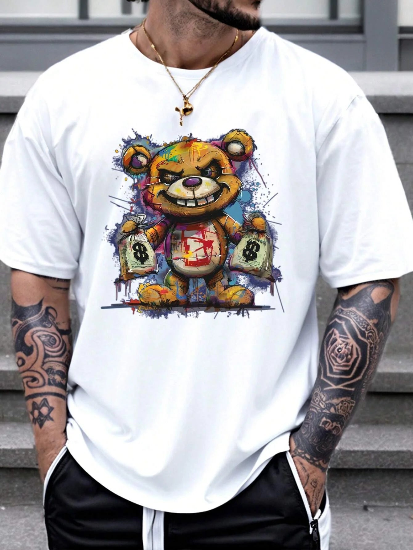 Men's cotton summer graphic print bear t-shirt in white with colorful bear design
