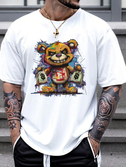 Men's cotton summer graphic print bear t-shirt in white with colorful bear design