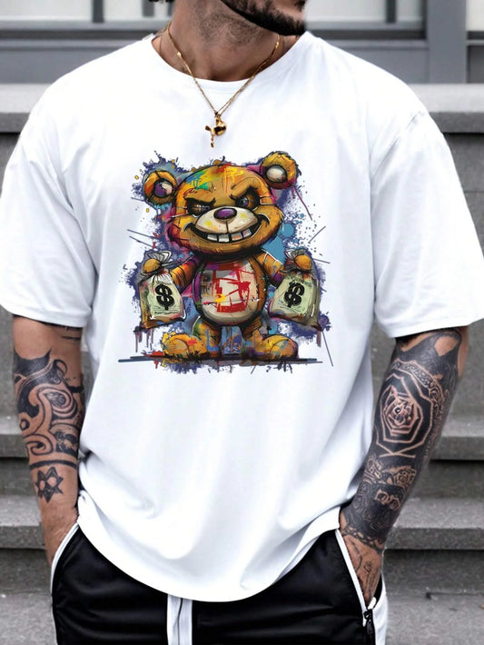 Men's cotton summer graphic print bear t-shirt in white with colorful bear design