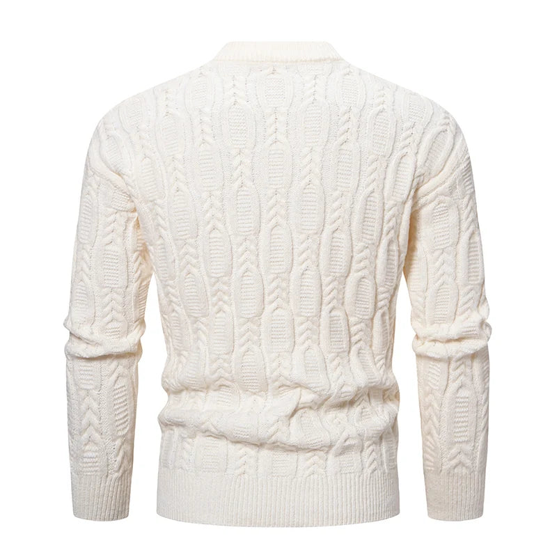 Back view of a stylish cream men's crew neck sweater with cable knit pattern by VaultHaus