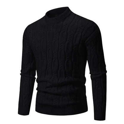 Stylish black men's crew neck sweater with a textured cable knit design for a modern look
