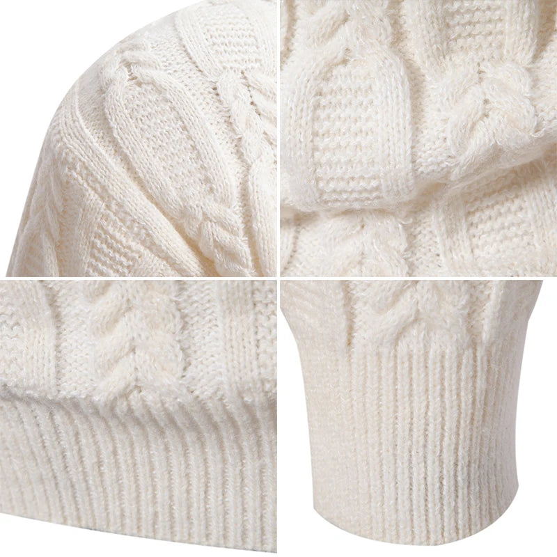 Close-up of VaultHaus men's crew neck sweater in white showcasing cable knit design and ribbed cuffs
