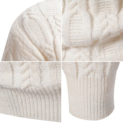 Close-up of VaultHaus men's crew neck sweater in white showcasing cable knit design and ribbed cuffs
