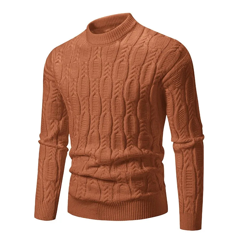 Men's crew neck sweater in rust with cable knit design for a stylish winter look