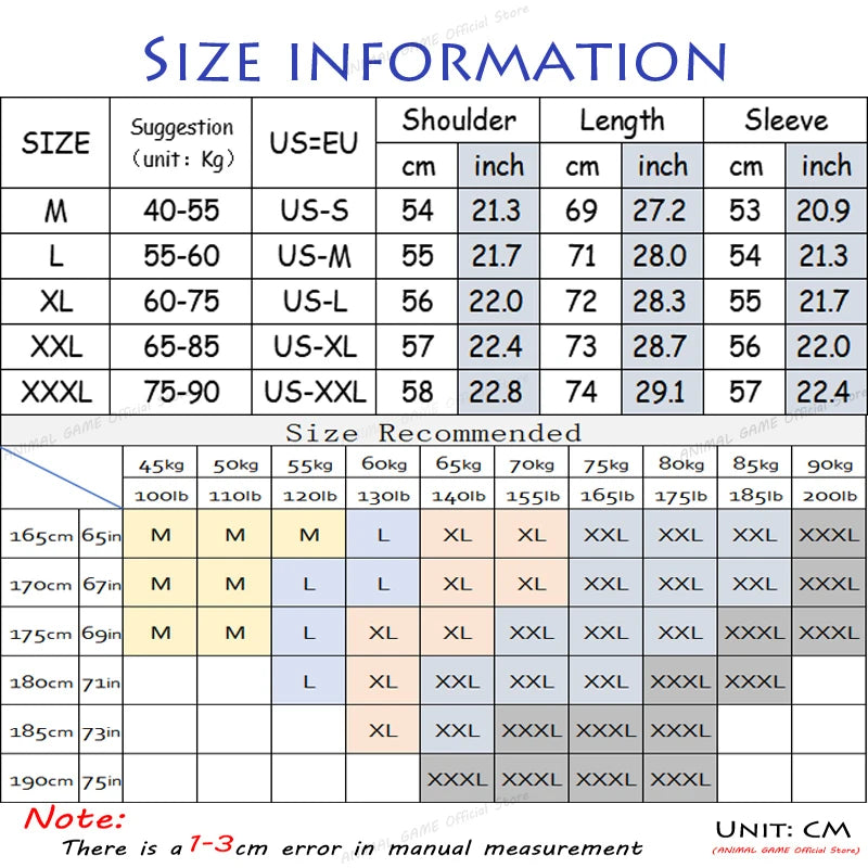 Size information chart for men's crew neck sweater including measurements for different sizes