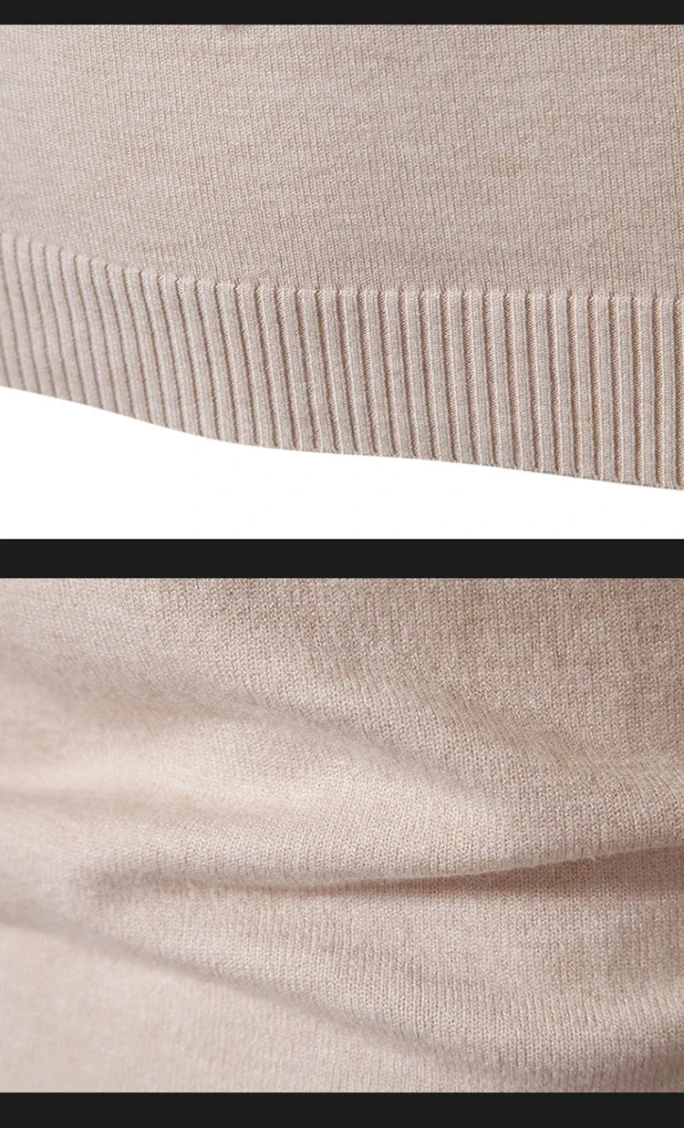 Beige men's half neck sweater from VaultHaus featuring ribbed hem for a stylish fit