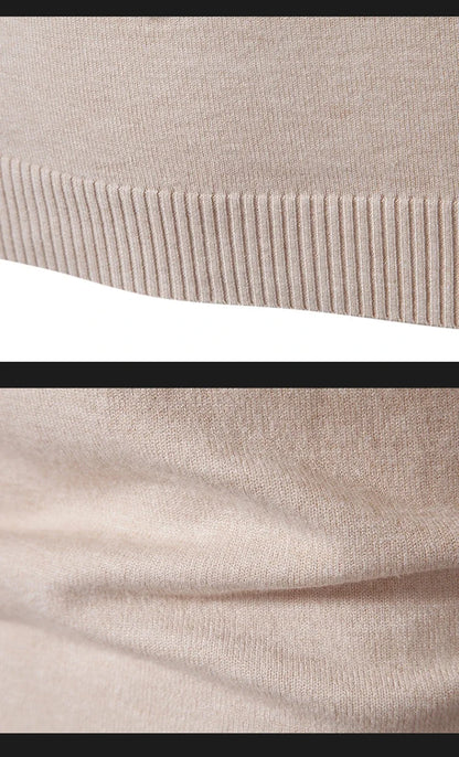 Beige men's half neck sweater from VaultHaus featuring ribbed hem for a stylish fit