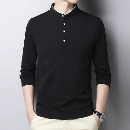 Stylish black men's long sleeve polo shirt with a button-up collar for a modern look