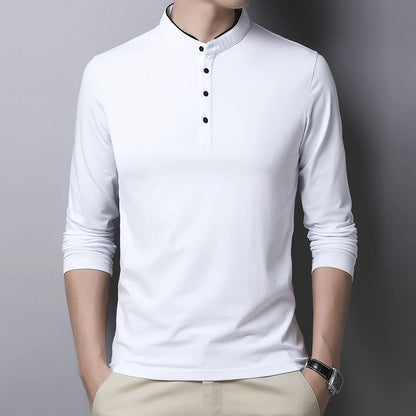Stylish white men's long sleeve polo shirt with button placket and modern collar design