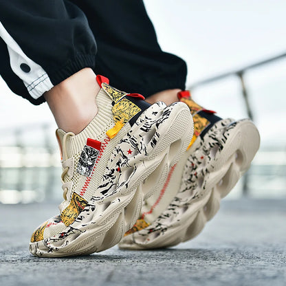 VaultHaus men's luxury sneakers in beige with artistic black and yellow patterns and chunky sole