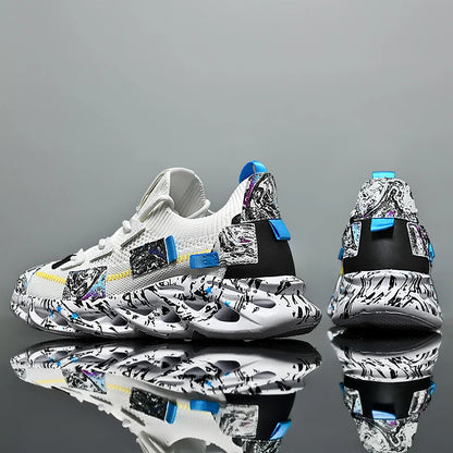 VaultHaus men's luxury sneakers in white with black and blue abstract patterns and unique sculpted soles