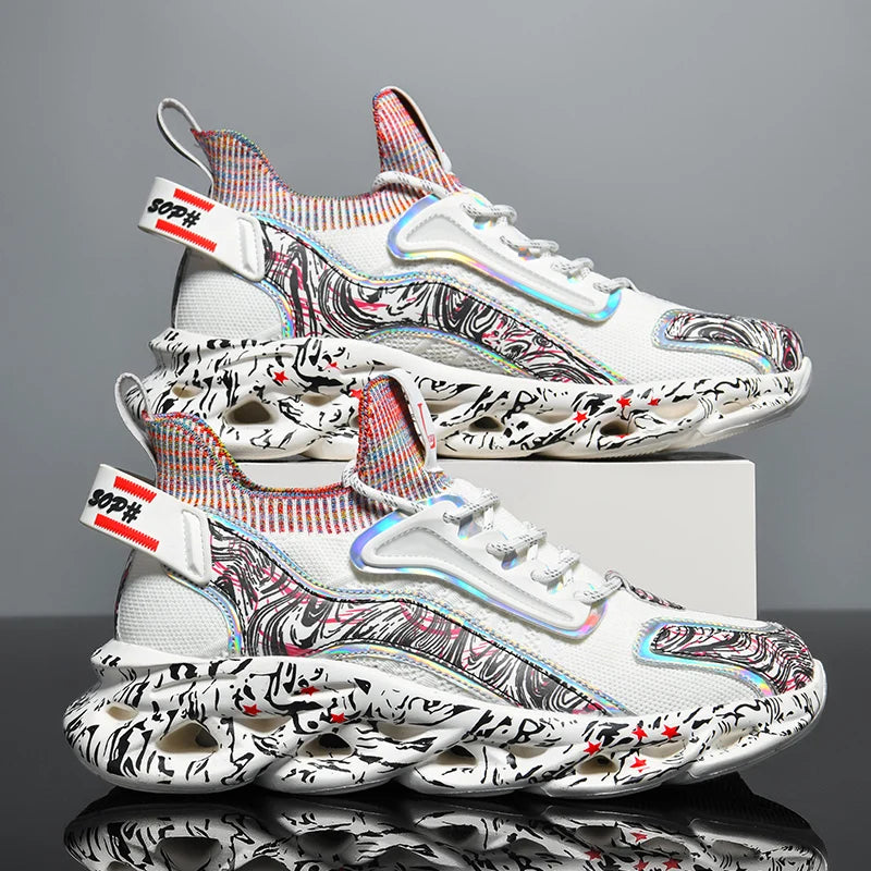 VaultHaus men's luxury sneakers with multicolor pattern and graffiti-style sole design
