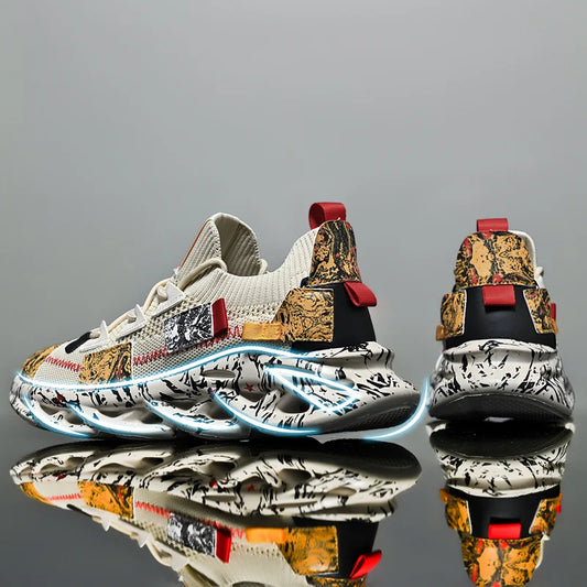VaultHaus men's luxury sneakers with unique artistic design and sculpted patterned soles in beige and black