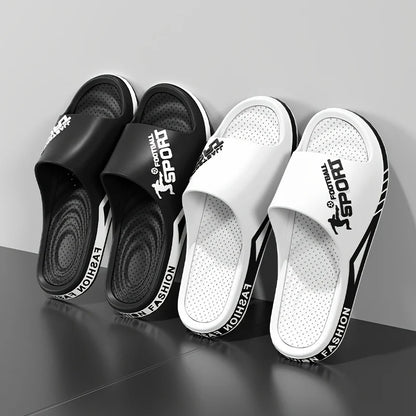 VaultHaus men's outdoor sports slides in black and white with cushioned soles and breathable design