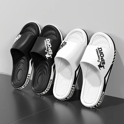 VaultHaus men's outdoor sports slides in black and white with cushioned footbed and sporty design