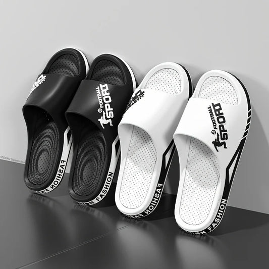 VaultHaus men's outdoor sports slides in black and white with cushioned footbed and sporty design