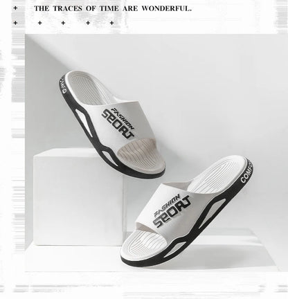 VaultHaus men's outdoor sports slides in white and black with cushioned sole and open toe design