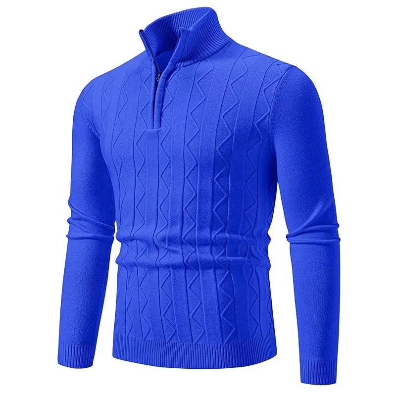 VaultHaus men's quarter zip sweater in vibrant blue featuring a stylish diamond pattern