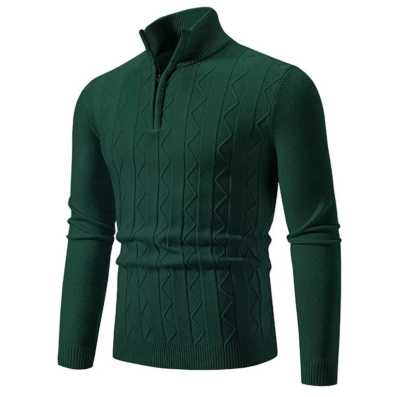 Dark green men's quarter zip sweater with textured cable knit design for a stylish look