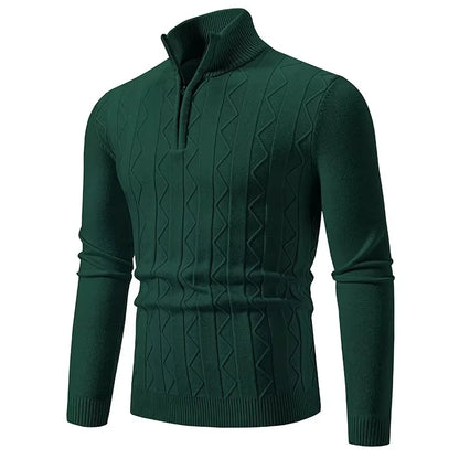Dark green men's quarter zip sweater with textured cable knit design for a stylish look