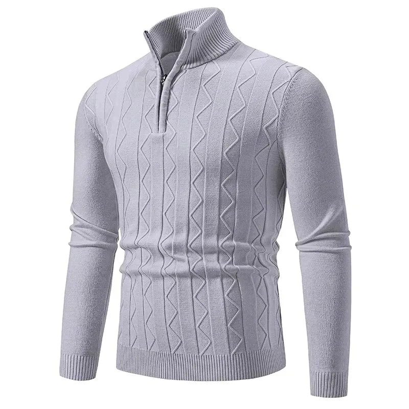 VaultHaus men's quarter zip sweater in light grey with a stylish cable knit pattern