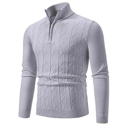 VaultHaus men's quarter zip sweater in light grey with a stylish cable knit pattern