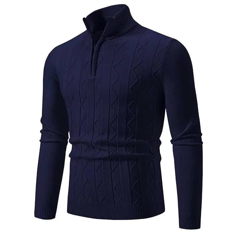 Navy men's quarter zip sweater with diamond pattern, ideal for smart casual outings