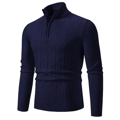 Navy men's quarter zip sweater with diamond pattern, ideal for smart casual outings