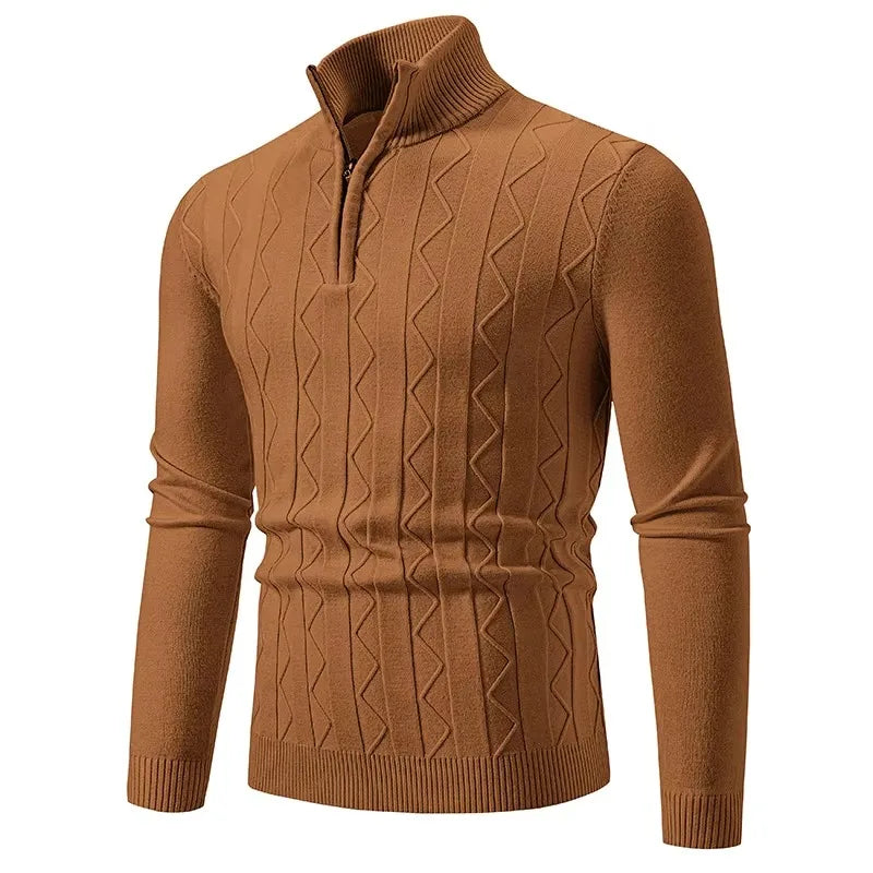 VaultHaus men's quarter zip sweater in brown with textured knit pattern for a stylish look