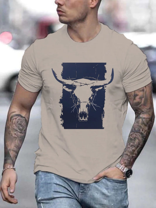 Men's short sleeve cotton shirt in beige with a bull graphic print for casual wear