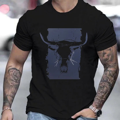 Men's short sleeve cotton shirt featuring a bold bull graphic design on a black background