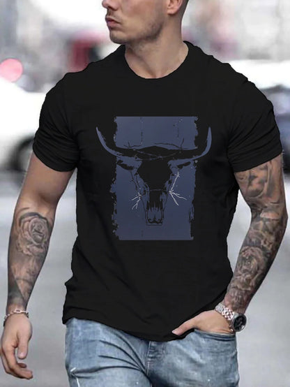 Black men's short sleeve cotton shirt featuring a bold bull skull graphic design