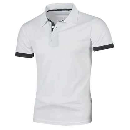 Stylish white men's streetwear short sleeve polo with contrasting collar and sleeves for casual outfits