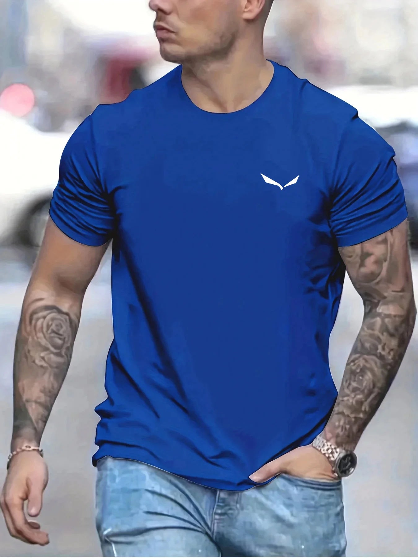 Men's summer cotton t-shirt in blue with a modern fit and logo for stylish comfort