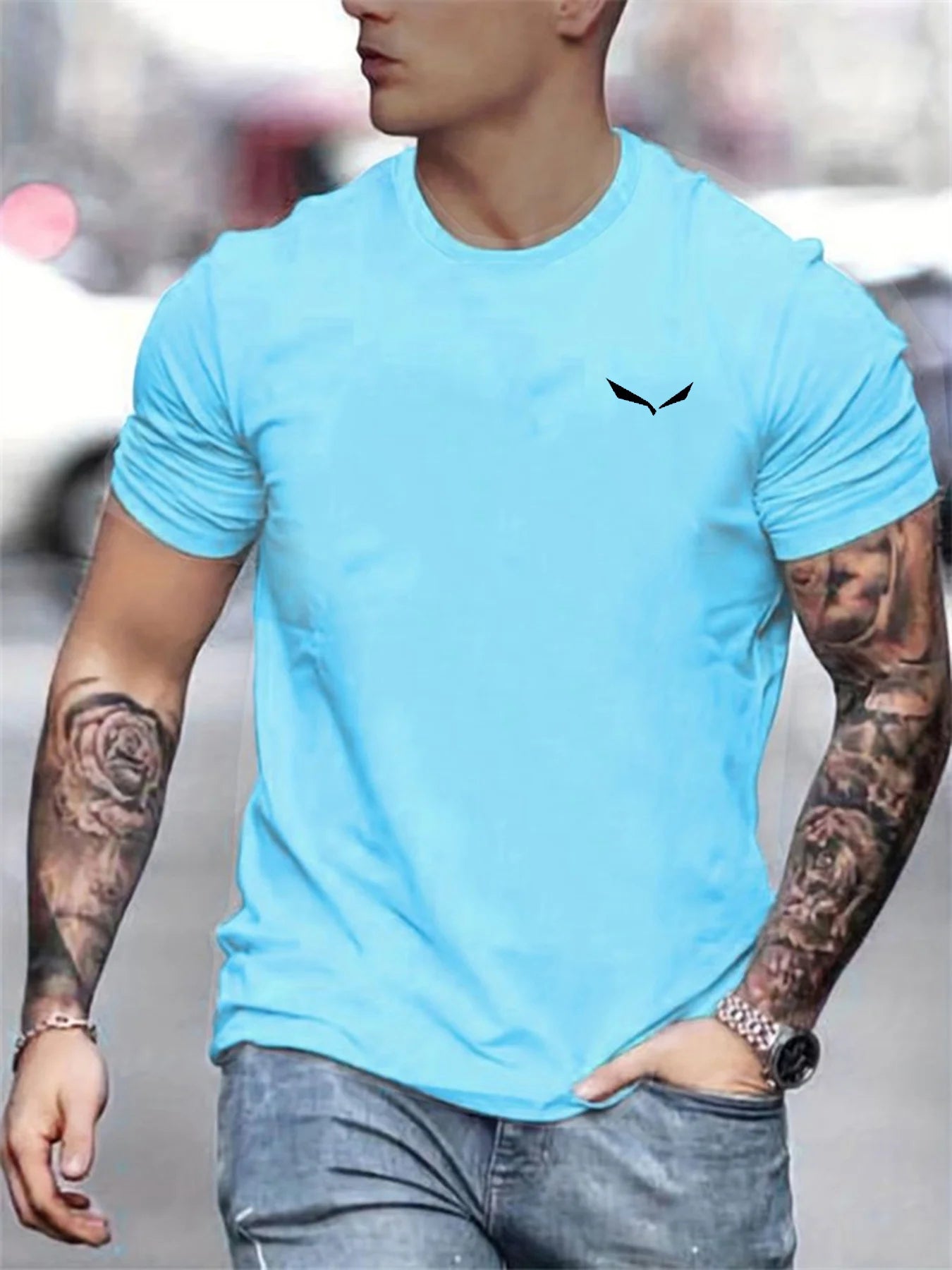 VaultHaus men's summer cotton t-shirt in light blue for a stylish casual look