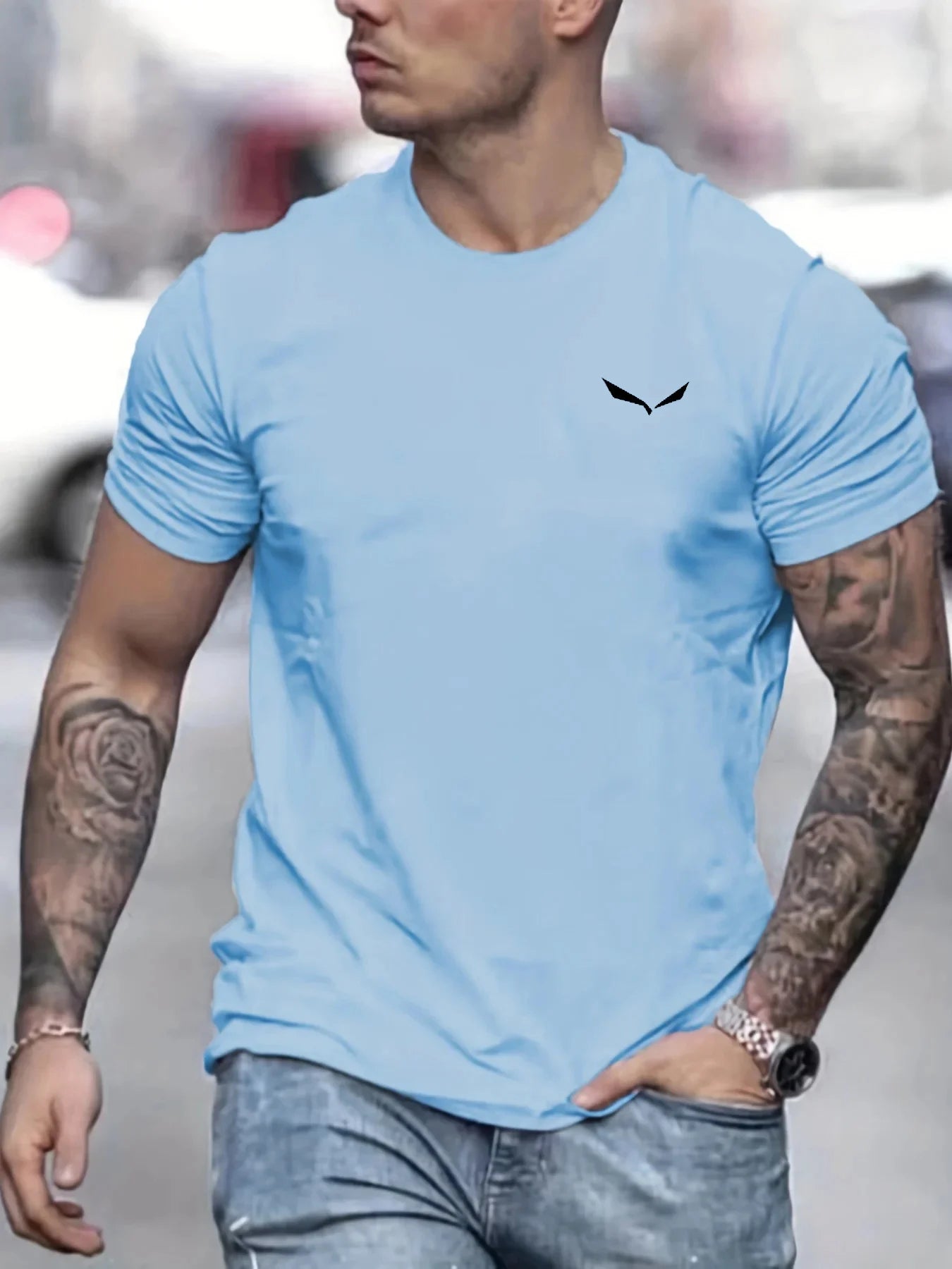 Stylish light blue men's summer cotton t-shirt with small logo for casual wear