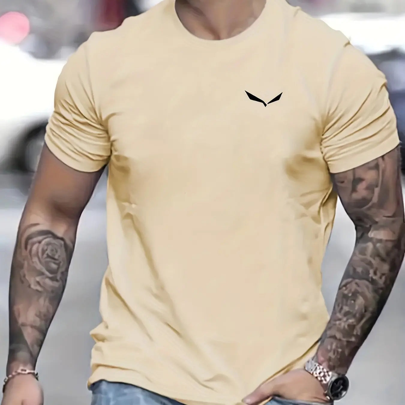 Men's summer cotton t-shirt in light yellow with stylish logo for casual wear