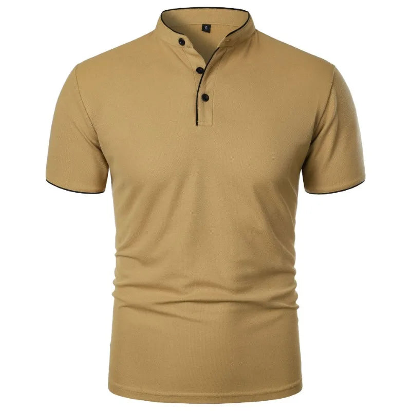 VaultHaus men's summer polo shirts in tan color with a stylish collar and button details