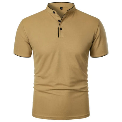 VaultHaus men's summer polo shirts in tan color with a stylish collar and button details