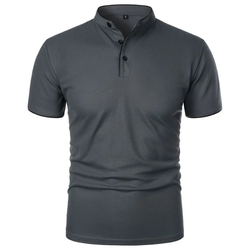 VaultHaus stylish men's summer polo shirts in dark gray with a unique buttoned collar