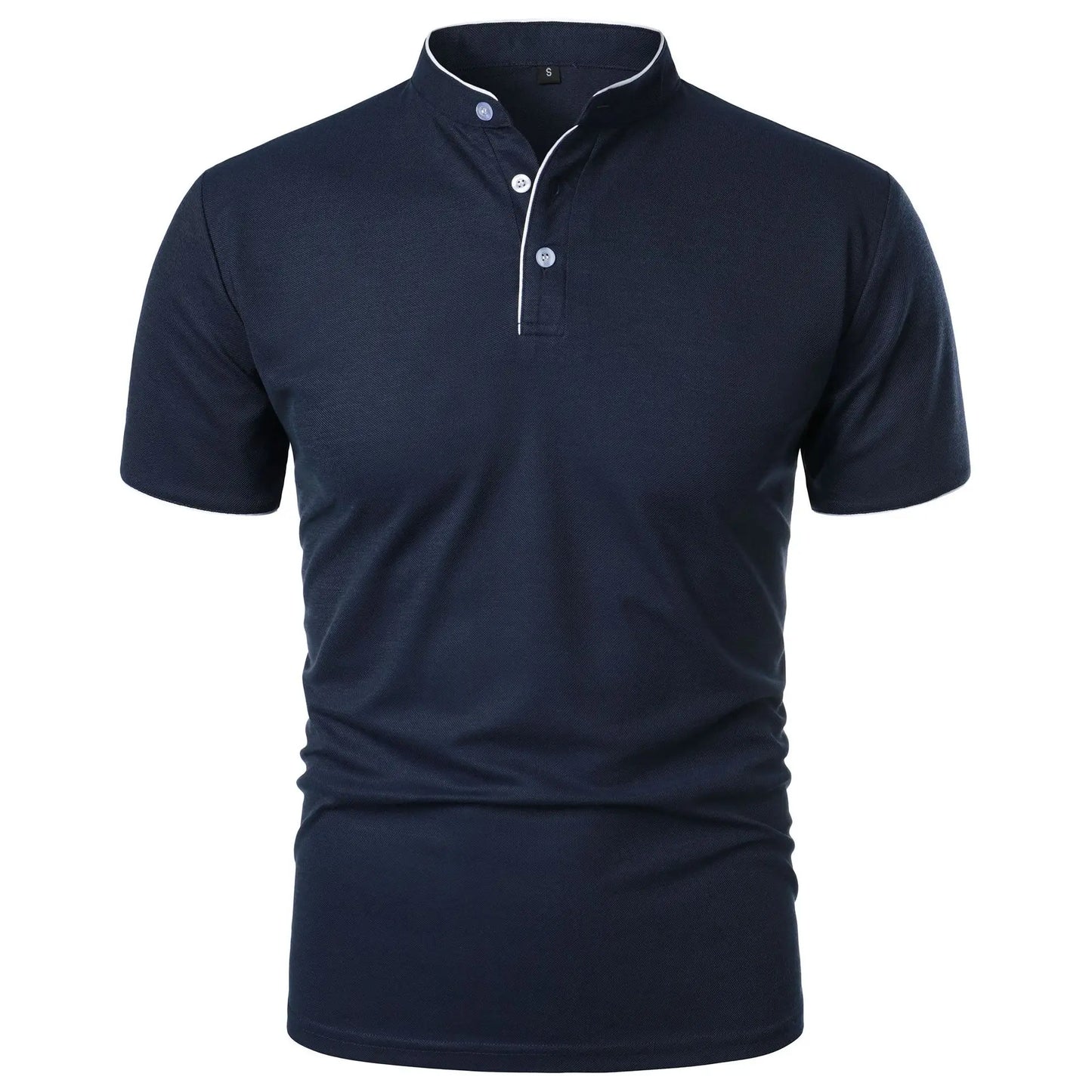 Men's summer polo shirts in navy blue with a modern collar and short sleeves for casual wear