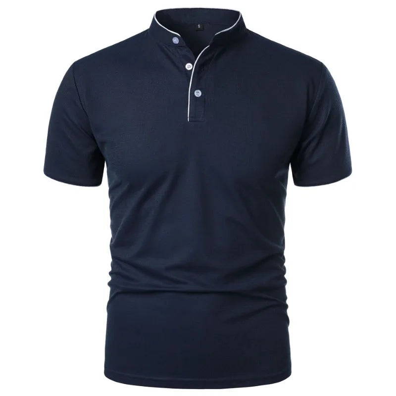 VaultHaus navy men's summer polo shirts with short sleeves and a stylish collar