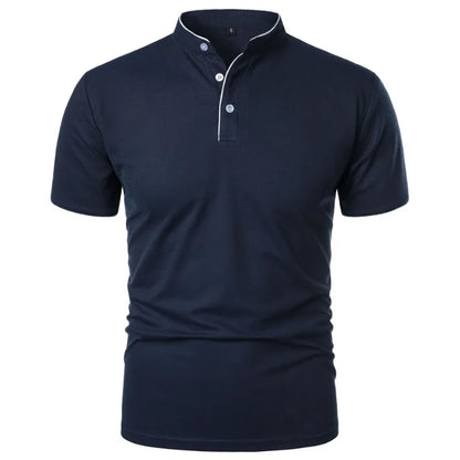 VaultHaus navy men's summer polo shirts with short sleeves and a stylish collar