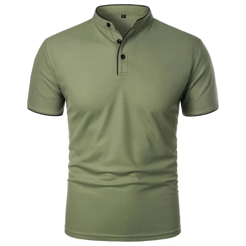 VaultHaus men's summer polo shirts in olive green with a stylish collar and button detail