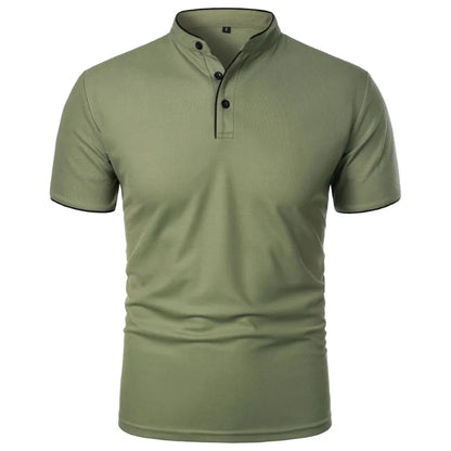VaultHaus men's summer polo shirts in olive green with a stylish collar and button detail