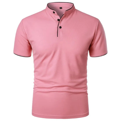 VaultHaus men's summer polo shirts in soft pink with button detail and a comfortable fit